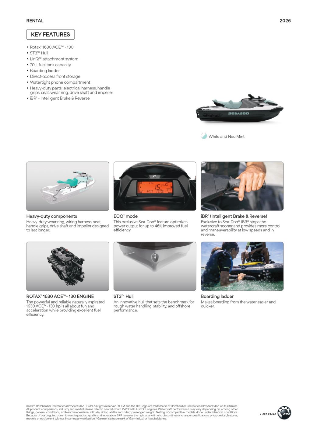 Sea-Doo GTX PRO 130 Rental iBR - WhiteNeo Mint - 2026